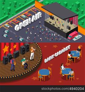 Musicians People Isometric Banners. Musicians people playing on stage and at open air concert horizontal isometric banners set isolated vector illustration