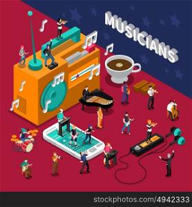 Musicians People Isometric Composition. Abstract isometric composition with musicians people and music listening devices vector illustration