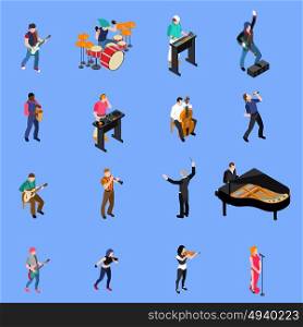Musicians People Isometric Icons Set. Musicians people singing and playing various musical instruments isometric icons set isolated on blue background vector illustration