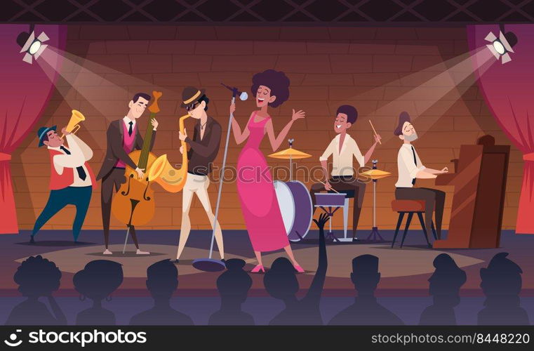 Musicians. Performance jazz band on promo stage music concert exact vector cartoon background. Jazz music performance band. Musicians. Performance jazz band on promo stage music concert exact vector cartoon background
