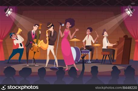 Musicians. Performance jazz band on promo stage music concert exact vector cartoon background. Jazz music performance band. Musicians. Performance jazz band on promo stage music concert exact vector cartoon background