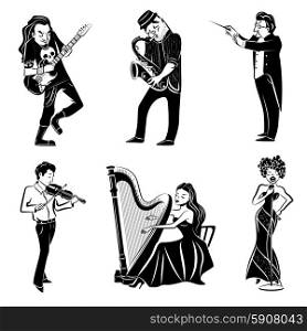 Musicians playing harp violin guitar saxophone and symphony orchestra conductor black icons set abstract isolated vector illustration. Musicians black icons set