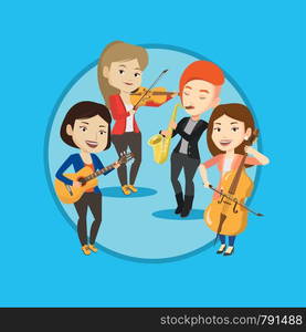 Musicians playing on musical instruments. Group of musicians playing on musical instruments. Musicians performing with instruments. Vector flat design illustration in the circle isolated on background. Band of musicians playing on musical instruments.