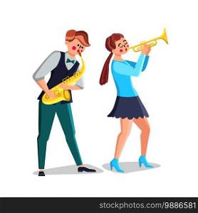 Musicians Playing on Saxophone And Trumpet Vector. Young Man Saxophonist And Woman Play On Trumpet Musical Instruments. Characters Performers Jazz Orchestra Music Flat Cartoon Illustration. Musicians Playing on Saxophone And Trumpet Vector