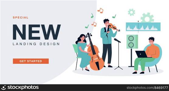 Musicians recording music with professional equipment. People playing violin and cello flat vector illustration. Audio record, production concept for banner, website design or landing web page