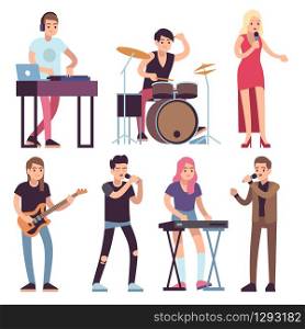 Musicians. Rock and pop musicians with microphones, guitarists and drummers, vocalists musical performance, vector cartoon concert characters. Musicians. Rock and pop musicians with microphones, guitarists and drummers, vocalists musical performance, vector cartoon characters