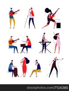 Musicians set. People performing rock music. Artist with musical instruments and singers. Vector cartoon characters isolated. Illustration of musician instrument, performance band people. Musicians set. People performing rock music. Artist with musical instruments and singers. Vector cartoon characters isolated
