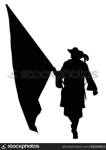 Musketeer with flag. Warriors Theme. Vintage soldier with flag marching. Detailed vector silhouette. EPS 8