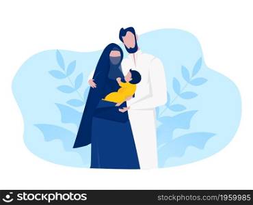Muslim Arabic family Muslim family with kid cartoon characters flat vector illustration.