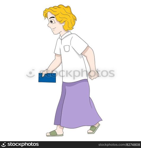 Muslim blonde boy is walking to the mosque to worship. vector design illustration art
