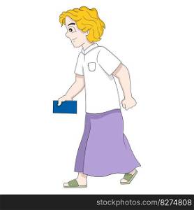 Muslim blonde boy is walking to the mosque to worship. vector design illustration art