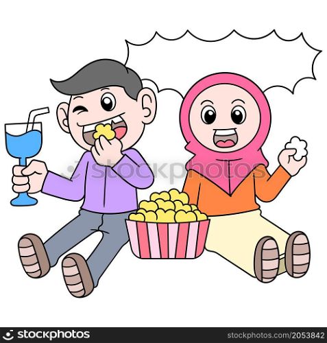 muslim boy and girl are sitting together eating iftar dishes