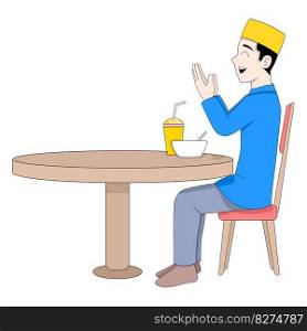 Muslim boy is sitting praying going to eat iftar. vector design illustration art