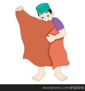 Muslim boy wearing a sarong is going to perform Islamic worship. vector design illustration art
