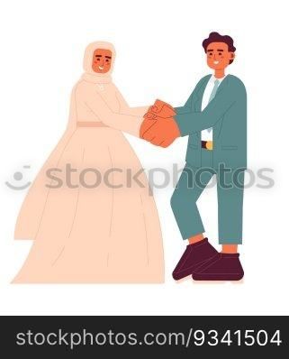 Muslim bride and groom reception semi flat colorful vector characters. Woman in bridal lehenga with hijab. Editable full body people on white. Simple cartoon spot illustration for web graphic design. Muslim bride and groom reception semi flat colorful vector characters