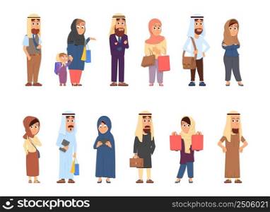 Muslim characters. Arab businesswoman, arabic businessman. People wear traditional islamic clothing, hijab. Male and female diverse vector set. Illustration of characters businesswoman and muslim. Muslim characters. Arab businesswoman, arabic businessman. People wear traditional islamic clothing, hijab. Male and female diverse decent vector set