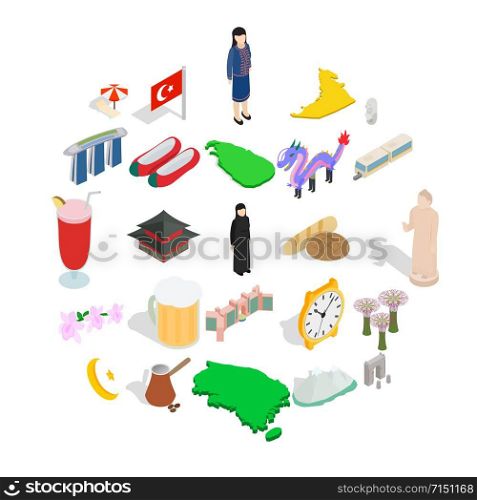Muslim country icons set. Isometric set of 25 muslim country vector icons for web isolated on white background. Muslim country icons set, isometric style