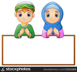 Muslim couple kid praying with blank sign