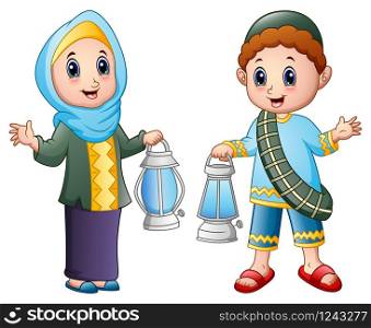 Muslim couple kid waving hand with holding lantern