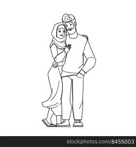 muslim couple vector. arab man woman, hijab, family young wife husband muslim couple character. people black line pencil drawing vector illustration. muslim couple vector