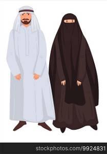Muslim couple wearing traditional clothes, woman in hijab and scarf on head. Islam characters, boyfriend and girlfriend or wife and husband. Arabic country fashion, united arab emirates, vector. Arabic clothes for man and woman, muslim couple