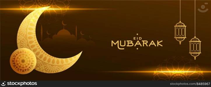 muslim eid mubarak festival banner with golden moon and light effect