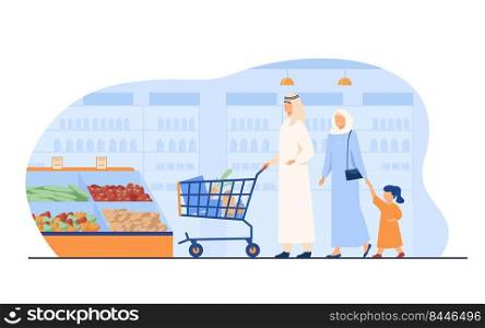 Muslim family buying food in supermarket. Arab cartoon characters wheeling shopping cart in grocery store. Vector illustration for retail, lifestyle, Arab people concept