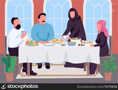 Muslim family dinner flat color vector illustration. Arabian lunch in house. Traditional meal to eat together. Islam relatives 2D cartoon characters with home interior on background. Muslim family dinner flat color vector illustration