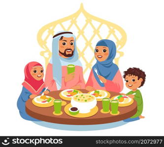 Muslim family having dinner. Traditional arabic meal. Father, mother, and kids in national clothes sitting at table, festive serving. Islamic ethnic culture vector cartoon flat style isolated concept. Muslim family having dinner. Traditional arabic meal. Father, mother, and kids in national clothes sitting at table, festive serving. Islamic culture vector cartoon flat isolated concept