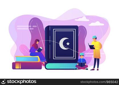 Muslim family in traditional clothes reading holy book Quran, tiny people. Five Pillars of Islam, Islamic calendar, Islamic culture concept. Bright vibrant violet vector isolated illustration. Islam concept vector illustration.