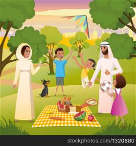 Muslim Family Picnic in City Park Cartoon Vector with Happy Father and Mother in Transitional Ethnic Arabic Clothing Playing Active Games with Children, Eating Snacks, Making Selfie Photo Illustration
