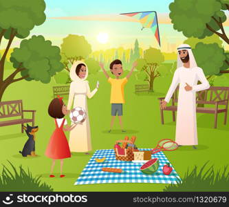 Muslim Family Picnic in City Park Cartoon Vector with Happy Man and Woman in Transitional Ethnic Arabic Clothing Playing Active Games with Children, Eating Snacks, Making Mobile Photo Illustration