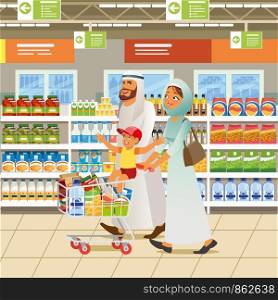 Muslim Family Shopping Cartoon Vector Illustration with Man, Woman and Child Wearing Arabian Ethnic Clothes, Pushing Shopping Cart near Shelves in Supermarket. Happy Parents with Son Buying Groceries