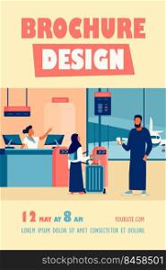 Muslim family standing at check in desk in airport. Couple with children waiting boarding flat vector illustration. International tourism concept for banner, website design or landing web page