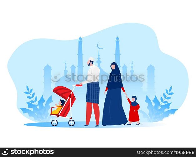 Muslim family walking in park Kid ,cartoon characters flat vector illustration.