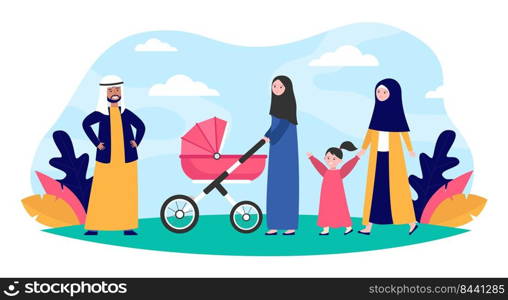 Muslim family walking in park. Kid, nature, love flat vector illustration. Nationality and religion concept for banner, website design or landing web page