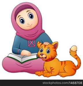 Muslim girl cartoon holding book and cute cat