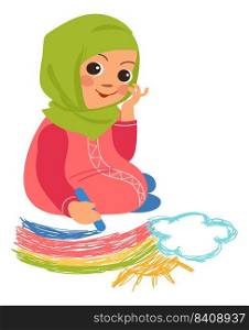 Muslim girl drawing rainbow in sky. Kid with color crayons isolated on white background. Muslim girl drawing rainbow in sky. Kid with color crayons