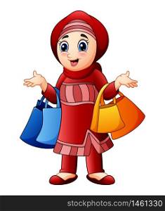 Muslim girl holding shopping bag wearing red clothes