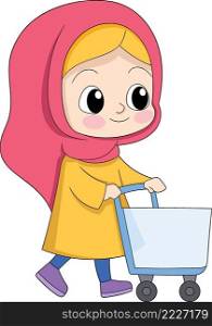 Muslim girl is going shopping at the beginning of the month for daily needs, walking with a happy face, cartoon flat illustration