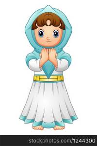 Muslim girl praying with wearing blue veil isolated on white background