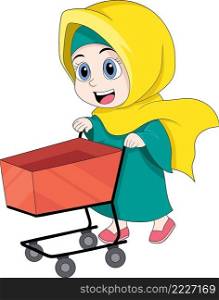 Muslim girl wearing a veil, happy shopping at the mall, cartoon flat illustration