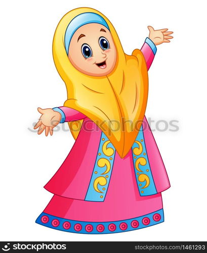 Muslim girl wearing yellow veil and pink dress presenting