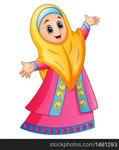 Muslim girl wearing yellow veil and pink dress presenting
