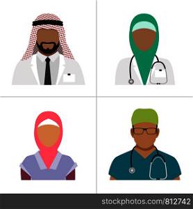 Muslim health care professionals vector icons. Arab hospital team, group of healthcare workers doc and nurse isolated on white. Muslim health care professionals