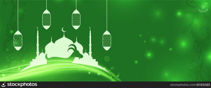 muslim islamic mosque banner with lantern in glowish green background 