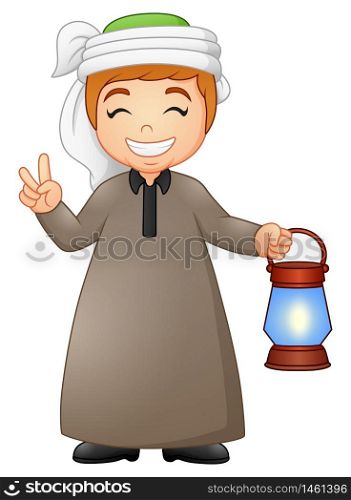 Muslim kid giving two finger with holding lantern