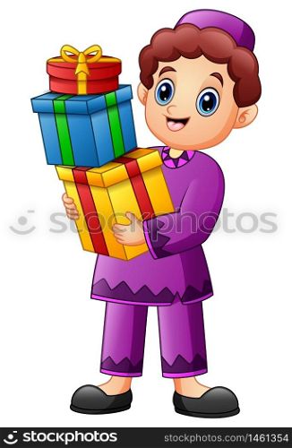 Muslim kid holding gift box wearing red clothes