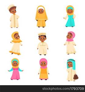 Muslim kids. Arabian children, happy islamic boys and girls in national clothes, traditional costumes hijabs, skullcap and kufiya. Adorable schoolgirls and schoolboys vector cartoon flat isolated set. Muslim kids. Arabian children, happy islamic boys and girls in national clothes, traditional costumes hijabs, skullcap and kufiya. Schoolgirls and schoolboys vector cartoon flat isolated set