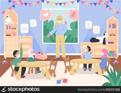 Muslim kindergarten during pandemic flat color vector illustration. New normal routine in class. Arabian teacher and children in face mask 2D cartoon characters with preschool classroom on background. Muslim kindergarten during pandemic flat color vector illustration